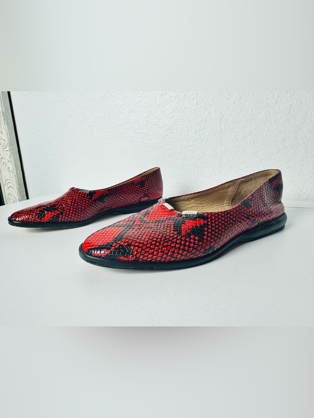 Chloe Red Flats Size 37 Leather Snakeskin Print  EUC almond Toe Silver Black